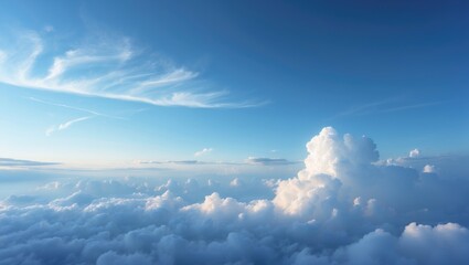 Poster - Cloud Blue Sky Background, Bright Light Beauty Clear Summer Nature Air Day, White Cloudy Light Horizon Spring Season Backdrop Photo View Wallpaper, Sunny Cloudscape Pattern Space.