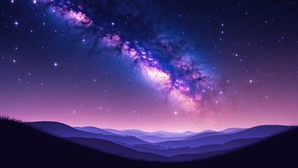 Poster - Fantastic night landscape featuring the Milky Way arch, bright purple sky filled with stars, pink light, and hills. A beautiful scene depicting the universe, with a starry space background. Nature ...