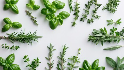 Aufkleber - Fresh organic Mediterranean herbs and spices elements isolated against a backdrop, including sage, rosemary sprigs and leaves, thyme, oregano, basil, green and black pepper, from a top view, flat lay.