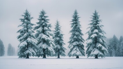 Poster - Group of frosted spruce trees in snow set against a white backdrop.