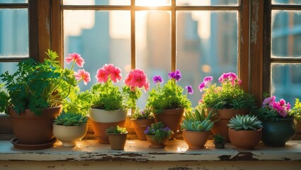 Poster - House plants displayed on a window. Cactus, blue flower, violet, carnation, succulent, cala. Background of home flowers.