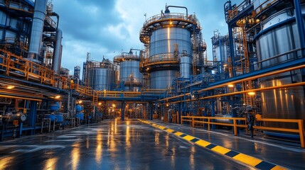 Aufkleber - Concentration of large metallic tanks and industrial equipment highlights cutting edge mining and extraction processes in a bustling facility during overcast weather.