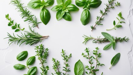 Aufkleber - Fresh organic Mediterranean herbs and spices elements displayed over a surface, including sage, rosemary sprigs and leaves, thyme, oregano, basil, green and black pepper, viewed from above, arrange...