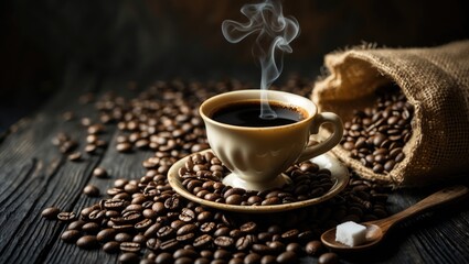 Poster - Hot coffee in a white cup surrounded by numerous coffee beans and sugar on a wooden table in a cozy, illuminated atmosphere.