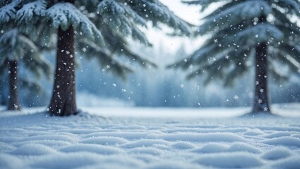 Poster - Holidays greeting card featuring blank space. Snowy winter scenery with fir trees and falling snow. Winter backdrop with snow and soft bokeh effect.