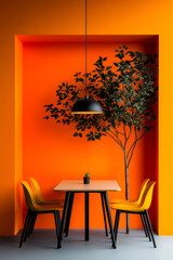 Poster - A refined minimalist setup with a smooth orange wall and glossy yellow chairs around a neutral