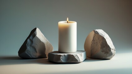 Poster - Holder featuring a candle surrounded by stones on a background.