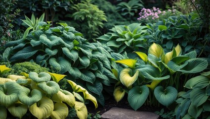 Aufkleber - Hosta variety featuring green and yellow leaves in the garden closeup.