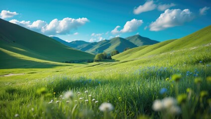 Poster - Tranquil natural scenery featuring vibrant meadows and rolling mountains, perfect for travel, agriculture, and tourism, emphasizing the serene beauty of rural landscapes under sunny skies.