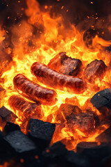 Aufkleber - A fiery cookout scene with sausages and glowing charcoal beneath, flames dancing behind for a bold