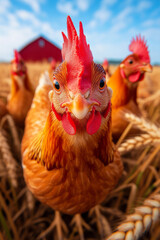 Poster - A countryside image showing free-range chickens walking through tall wheat, with an old red barn