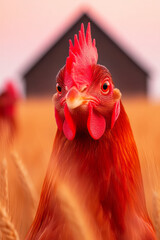 Poster - A soft-focus photo of chickens in a harvest-ready wheat field, with an aged barn roof just visible