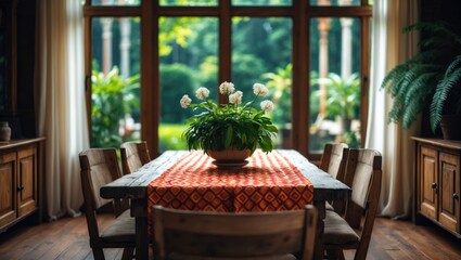 Poster - Blurred backdrop of a cozy dining room adorned with plants, natural light, and warm hues, fostering an inviting space for meals and gatherings.