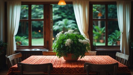 Poster - Blurred backdrop of a cozy dining room adorned with plants, natural light, and warm colors, fostering an inviting ambiance for meals and gatherings.