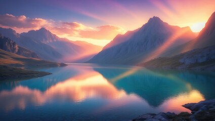 Poster - Mountain landscape at dawn. Sunlight beams in a valley. A lake and tall peaks in a valley during dawn. Natural scenery with bright sunlight. Elevated rocky mountains.