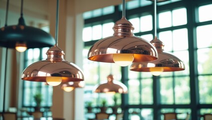 Poster - Hanging contemporary lamp with warm light in a shop. Electric interior energy furniture theme.