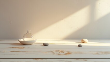 Poster - Aesthetic geometric sunlight patterns casting shadows on a textured wall and wooden flooring, blank template for interior product display, background for design presentation, copy space.