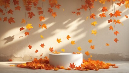 Poster - Minimalistic autumn scene in cream color shades. Background featuring leaf shadows on a wall.