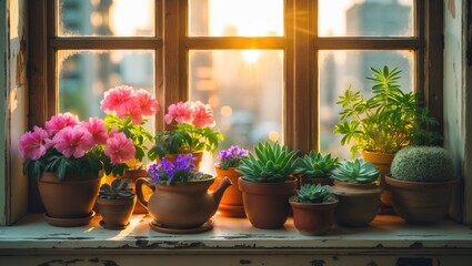 Poster - House plants on window sill. Cactus, blue flower, violet, carnation, succulent, cala. Background of home flowers.