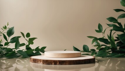 Poster - Minimal modern product showcase on a neutral beige backdrop. Wooden slice podium and green foliage. Concept scene stage presentation for new product, promotional sale, banner, cosmetic display.