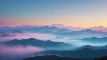 Poster - Mountain range with discernible silhouettes through the vibrant morning fog. Tranquil evening landscape in the mountains during sunset. Photo wallpaper. Natural backdrop. Panorama.