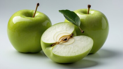 Poster - Group of ripe apples with apple leaf and a slice isolated on a white background. Apples and apple cut with clipping path.