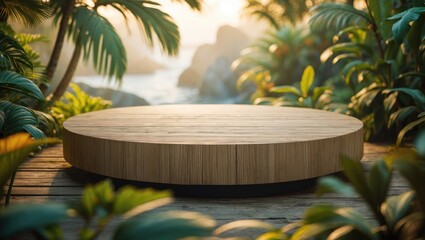 Aufkleber - Cosmetics product display stand. Exhibition wooden podium in the background with palm leaves and shadows. Empty pedestal for showcasing product packaging. Mockup