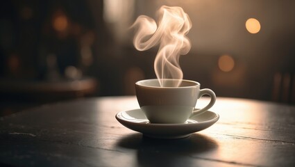 Aufkleber - hot coffee on the table with a blurred background