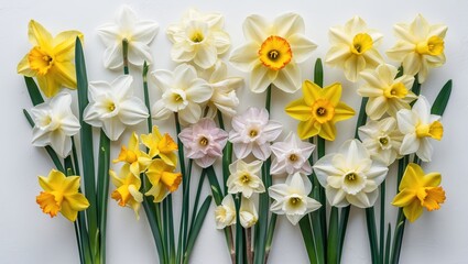 Poster - Narcissus flowers, such as daffodils and jonquils, arranged against a white background.