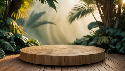 Aufkleber - Cosmetics product display podium. Exhibition wooden stand in the background with palm leaves and shadows. Empty platform for showcasing product packaging. Mockup