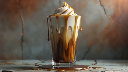 Poster - Ice caramel macchiato coffee presented on a rustic table background.