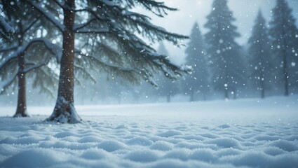 Poster - Holidays greeting card featuring a snowy winter landscape with fir trees and falling snow. Winter backdrop showcasing snow and blurred bokeh.