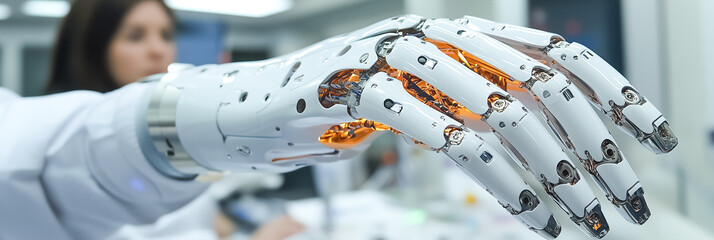 Poster - Robotic hand delicately operates in futuristic laboratory with visible components and intricate designs. High-tech environment with bright lighting enhances the innovative feel
