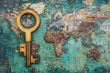 Poster - Key icon represents data processing across a world map with intricate details and textures illustrating globalization, key icon and data processing over world map