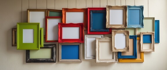 Poster - Hanging picture mat boards of various colors on a wall.
