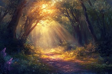 Poster - Bright beams of sunshine illuminate a magical forest path in the morning light creating an enchanting atmosphere, Bright Beam of Sunshine Shining Against the Magical Forest