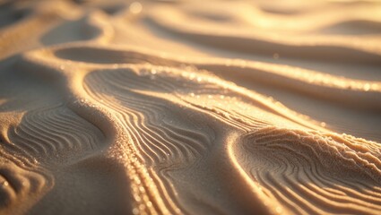Poster - Golden Beige wet sand texture as a natural background banner. Close-up sandy pattern created by sea waves, light pastel hue, minimal nature backdrop, beautiful beach.
