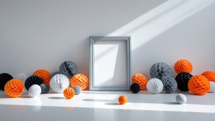 Aufkleber - Halloween holiday theme. Decorative photo frame and ornaments on a white backdrop. Frontal view, empty space for text.