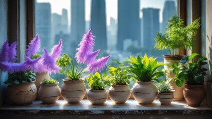 Poster - House plants on a windowsill. Orchid, cactus, blue flower, violet, carnation, succulent, cala.