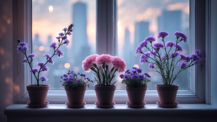 Poster - Houseplants on the windowsill. Violet and blossoms.