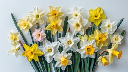 Poster - Narcissus flowers, such as daffodils and jonquils, arranged on a white backdrop.