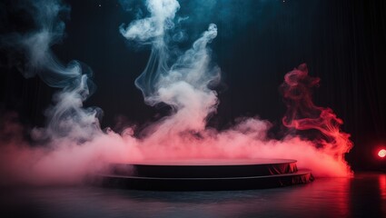 Poster - Atmospheric and dramatic ambiance achieved by smoky effects surrounding a red-lit circular stage against a dark backdrop, perfect for events.