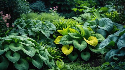 Aufkleber - Hosta variety with green and yellow leaves in the garden, close-up view.