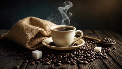 Poster - Hot coffee in a white cup surrounded by coffee beans and sugar on a wooden table in a cozy, lit environment.