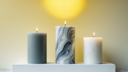 Poster - Holders with candles arranged on a table against a wall in a room.