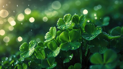 Poster - Morning dew gathers on vibrant green clover leaves, creating a tranquil and refreshing atmosphere.