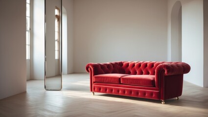 Poster - Modern minimalist interior design in the living room featuring a red sofa, a mirror, and an area for replicating your design against an empty wall. High-quality photo.