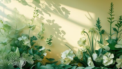 Poster - Minimalist botanical backdrop featuring ample copy space. Creative display with fresh plants for product showcase, promotional sale, packaging presentation, or merchandise. Interaction of light and...