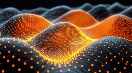 Poster - Abstract Orange and Black Digital Landscape: A mesmerizing visualization of data points forming undulating hills, showcasing vibrant color contrasts and intricate details.