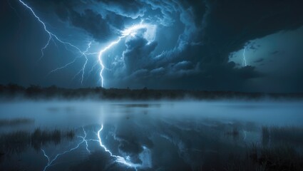 Poster - Dramatic scene of the night sky featuring a thunderstorm and lightning. Smoke, fog, and smog set against the landscape. Natural night landscape with the night sky, wet asphalt, and puddles.